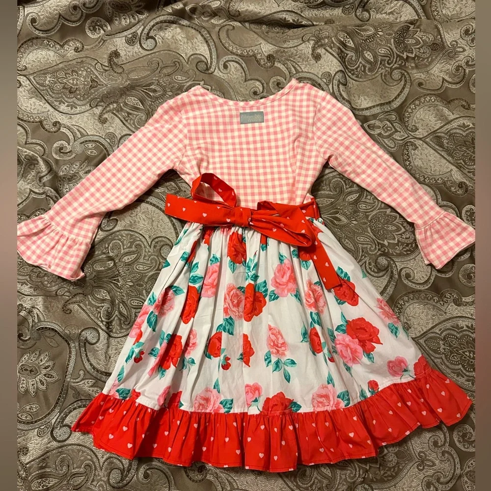 Eleanor Rose girls pink and red flower dress with hearts size 6-7 - Picture 2 of 2